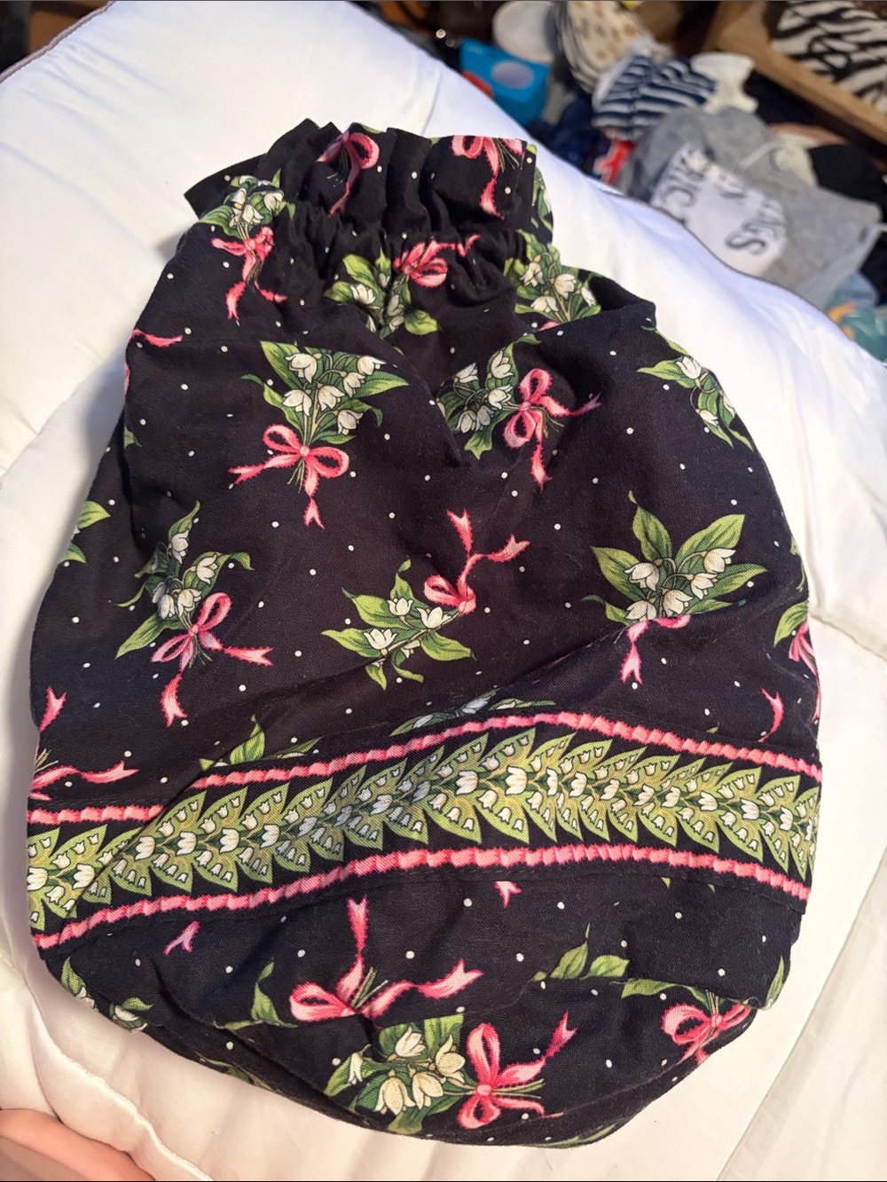 Vera Bradley Black Floral Drawstring Lined Tote Bag with Pink Bow Accents